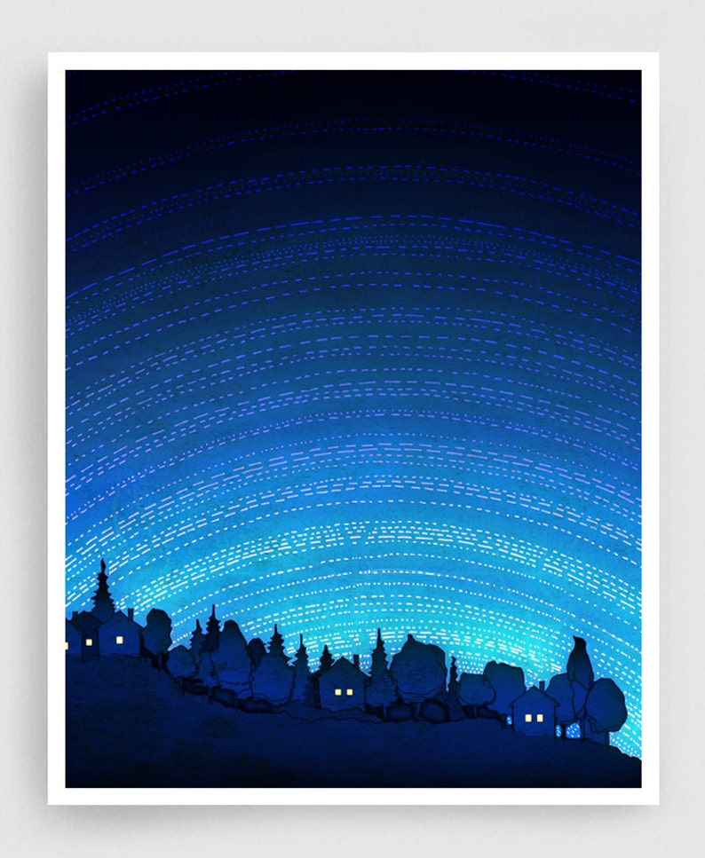 Earth calling /vertical Colorful Original Nature Illustration Nature Travel Poster Modern Wall Hanging Home Decor for Travelers Night sky image 1