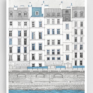 Walk along the Seine /blue - Art Print Original Illustration Unique Black and White Wall Art France Home Decor Parisian Gift for Travelers