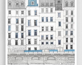 Walk along the Seine /blue - Parisian Modern Art Print Architectural Drawing Wall Hanging Unique Gift for Stylish Home Decor Living Room