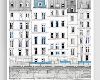 Walk along the Seine /blue - Parisian Modern Art Print Architectural Drawing Wall Hanging Unique Gift for Stylish Home Decor Living Room