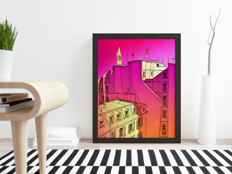 a picture of a cityscape with a pink sky