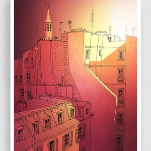 Sundown Colorful Modern Fine Art Print French Style Parisian Illustration Unique Architectural Drawing Decor for Travel enthusiasts Tubidu image 1