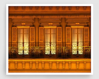 Paris balcony (night, orange) - Colorful Modern Fine Art Print Parisian Architecture Illustration Wall Decor for Living Room Travel Gift