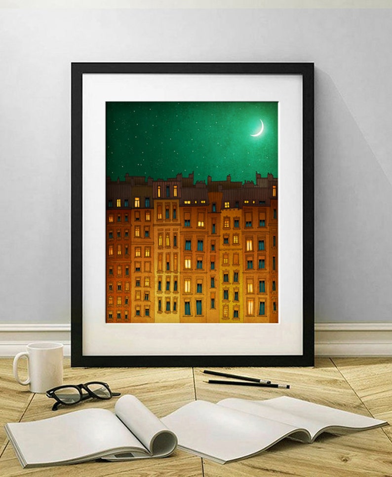 Midnight in Paris Unique Modern Art Print Paris Decor French Interior Gift Travel Art Architectural Drawing Colorful Trendy Wall Art Home image 2