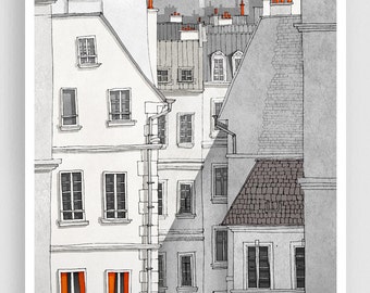 Rue Sainte Croix - Modern Art Print Parisian Illustration Unique Grey Wall Decor Fine Art Gift for Her Trendy Home Decor France Paris Houses