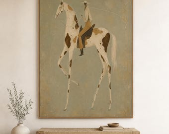 Spotted Horse Rider Wall Art,Abstract Equestrian Oil Painting,Hand Painted Western Canvas, Abstract Wall Art Decor