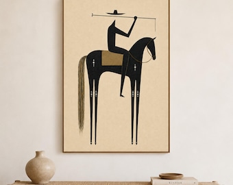 Abstract Equestrian Oil Painting, Black Horse Rider Abstract Wall Art Oil Painting, Hand Painted Western Canvas Decor