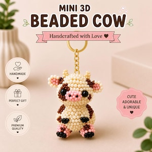 May include: A 3D beaded cow keychain featuring cream, brown, and pink beads. The cow has black eyes, a pink snout, and small horns. It is attached to a gold-toned metal ring and chain. Text on the image reads MINI 3D BEADED COW and Handcrafted with Love.