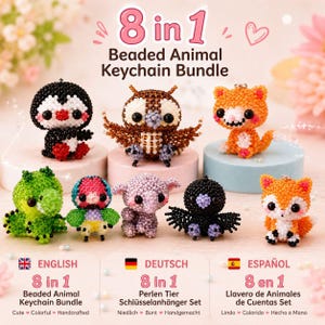 Pacote com 8 padrões de animais bordados em miçangas | Figuras kawaii em miçangas, tutorial para chaveiro (PDF)