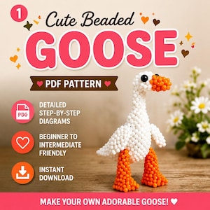 Peut inclure: Une figurine d'oie perlée composée de perles blanches pour le corps et de perles orange pour le bec et les pattes. L'image contient le texte : 1 Cute Beaded GOOSE PDF PATTERN, DETAILED STEP-BY-STEP DIAGRAMS, BEGINNER TO INTERMEDIATE FRIENDLY, INSTANT DOWNLOAD.