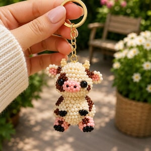 May include: A beaded keychain featuring a small cow figure constructed from cream, brown, pink, and black spherical beads. The cow has a round head with pink ears, a pink snout, and black eyes, attached to a gold-toned metal ring and chain.