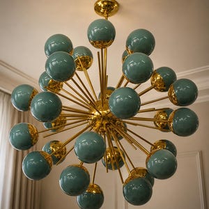 Retro Atomic Sputnik Chandelier | Brass Green Glass Globe Light | Mid-Century Dining Room Ceiling Fixture