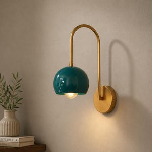 Green Brass Globe Sconce Mid-Century Modern Opal Diffuser Wall Lamp