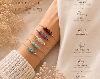 May include: Five delicate bracelets featuring three small gemstone beads each, separated by silver-toned spacers on thin cords. The stones include dark red, purple, clear, light green, and turquoise beads. Text lists birthstones and months.