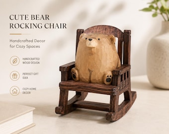 May include: A dark brown wooden rocking chair featuring a carved light brown bear figurine sitting on the seat. The text CUTE BEAR ROCKING CHAIR, Handcrafted Decor for Cozy Spaces, HANDCRAFTED WOOD DESIGN, PERFECT GIFT IDEA, and COZY HOME DECOR is visible.