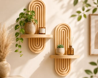 Boho Wooden Wall Shelf, Floating Display Shelf for Living Room, Rustic Wall Mounted Shelf for Bedroom & Bathroom