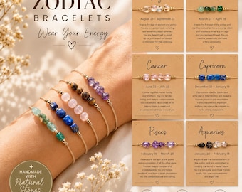 May include: A collection of zodiac bracelets featuring natural gemstone beads on thin cords, displayed alongside informational cards for Virgo, Aries, Cancer, Capricorn, Pisces, and Aquarius, each detailing dates and personality traits.
