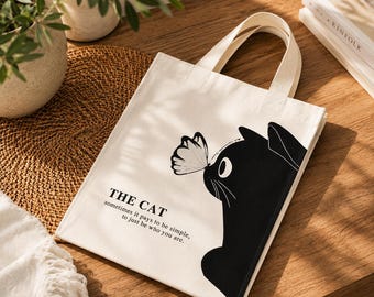 Cute Cat Tote Bag, Kawaii Canvas Shoulder Bag for Women, Large Capacity Shopping Tote, Animal Lover Gift Bag
