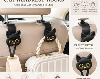 May include: Two black car headrest hooks featuring a cat face design with yellow eyes and a pink nose. The hooks are attached to a car seat headrest, one holding a white bag handle. Text includes CUTE & PRACTICAL CAR HEADREST HOOKS, FITS MOST CARS, and EASY TO INSTALL.