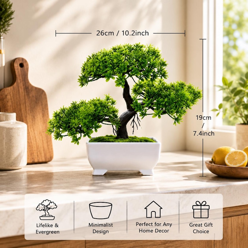 Artificial Bonsai Tree, Faux Potted Plant Decor, Mini Desktop Greenery for Home Office, Zen Tabletop Decoration image 2