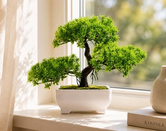 Artificial Bonsai Tree, Faux Potted Plant Decor, Mini Desktop Greenery for Home Office, Zen Tabletop Decoration