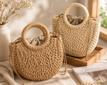 Half Moon Straw Crossbody Bag, Handmade Woven Rattan Purse for Women, Summer Beach Handbag, Boho Vacation Bag