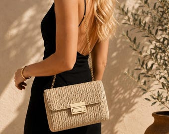 Woven Crossbody Bag for Women, Small Straw Shoulder Purse, Elegant Chain Handbag for Weddings and Evenings