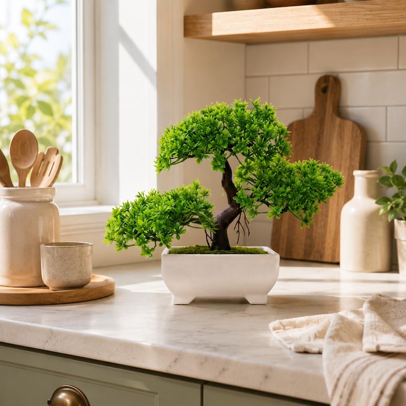 May include: A small artificial bonsai tree with vibrant green foliage and a dark brown trunk, potted in a rectangular white ceramic container with four short feet. The plant features detailed needle-like leaves and is displayed on a kitchen counter.