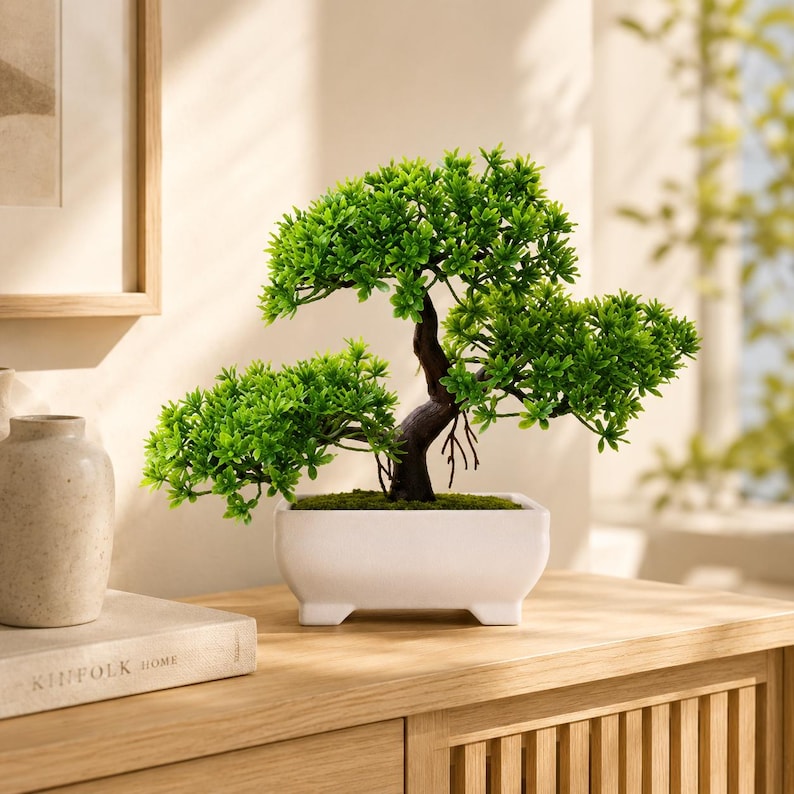 Artificial Bonsai Tree, Faux Potted Plant Decor, Mini Desktop Greenery for Home Office, Zen Tabletop Decoration image 4