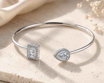 925 Sterling Silver Moissanite Open Bangle, Adjustable Wedding Bracelet for Women, Radiant & Pear Cut Tennis Cuff