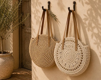 Round Straw Beach Bag for Women, Large Woven Shoulder Tote, Boho Summer Vacation Handbag, Coastal Shopper Purse