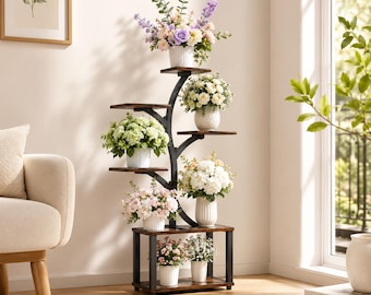 May include: A multi-tiered plant stand featuring a black metal frame with a central curved support and dark wood shelves. The stand holds seven white ceramic pots containing various artificial floral arrangements in shades of pink, purple, and white.