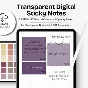 33 Digital Sticky Notes, Transparent Translucent Ghost Stickies for Notetaking on Goodnotes Notability, 11 Neutral Colours, 3 Opacity Levels