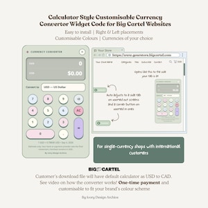 Pode incluir: Um widget conversor de moeda digital para sites Big Cartel com uma interface estilo calculadora e botões em tons pastel. O visor mostra campos de conversão, teclas numéricas e opções de layout para abas laterais ou botões de canto na página.