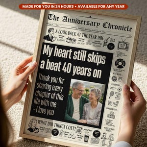 May include: A framed newspaper-style anniversary print titled The Anniversary Chronicle, featuring the text My heart still skips a beat 40 years on, a photograph of an older couple, and various 1986 historical facts and pop culture icons.