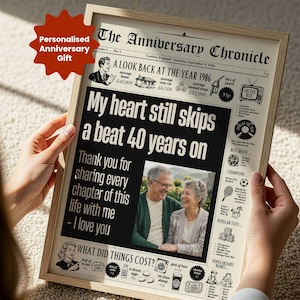 May include: A framed newspaper-style anniversary print titled The Anniversary Chronicle, dated September 9, 1986. It features a central photograph of an older couple, the text My heart still skips a beat 40 years on, and historical facts from 1986.
