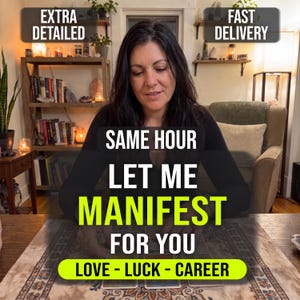 May include: A person with dark hair wearing a black long-sleeve shirt sits at a table with tarot cards. Text overlays read: EXTRA DETAILED, FAST DELIVERY, SAME HOUR LET ME MANIFEST FOR YOU, and LOVE - LUCK - CAREER on a yellow background.