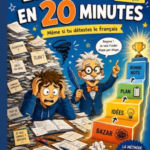 May include: A book cover titled LE PLAN EN 20 MINUTES featuring a stressed student surrounded by papers, a cartoon professor, and a staircase graphic labeled BAZAR, IDÉES, PLAN, and BONNE NOTE, with a mug labeled CAFÉ DE SURVIE at the bottom.