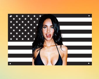 Tapiz de pared con la bandera estadounidense en blanco y negro de Megan Fox, bandera de fan de la actriz de Transformers, decoración para la habitación de una celebridad