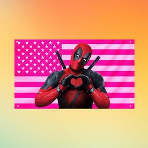 Deadpool Pink US Flag Wall Tapestry | Marvel Wall Flag | Cute Funny Antihero Bedroom Decor | Superhero Fan Gift