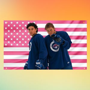 May include: A rectangular wall banner featuring a pink and white American flag design. Two individuals are shown wearing dark blue long-sleeve hockey jerseys with the Briar University Hawks logo and blue gloves, positioned against the flag.