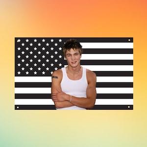 May include: A rectangular wall banner featuring a black and white graphic of the American flag with a person wearing a white tank top and a silver chain necklace, arms crossed, positioned in front of the flag design with metal grommets at corners.