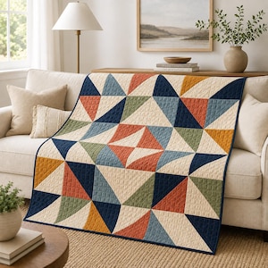 Modern mosaik HST-quiltmönster PDF, 48x48 halvkvadratisk triangelquilt, digitalt sömnadsmönster för nybörjare, geometrisk lapptäckesömnad PDF