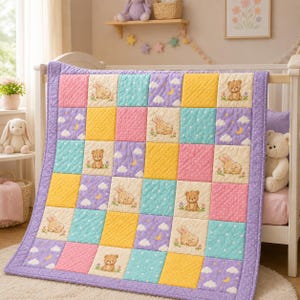 May include: A patchwork baby quilt featuring a grid of squares in pastel yellow, pink, purple, and teal. The squares are decorated with illustrations of sleeping bunnies, seated teddy bears, white clouds, yellow crescent moons, and stars.