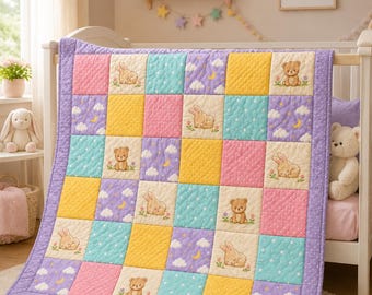 Nowoczesny wzór na kołdrę dla dziecka, łatwy kwadratowy patchwork, wzór na uszycie króliczka-misia do pokoju dziecięcego, wzór na kołdrę dla początkujących, pobieranie cyfrowe