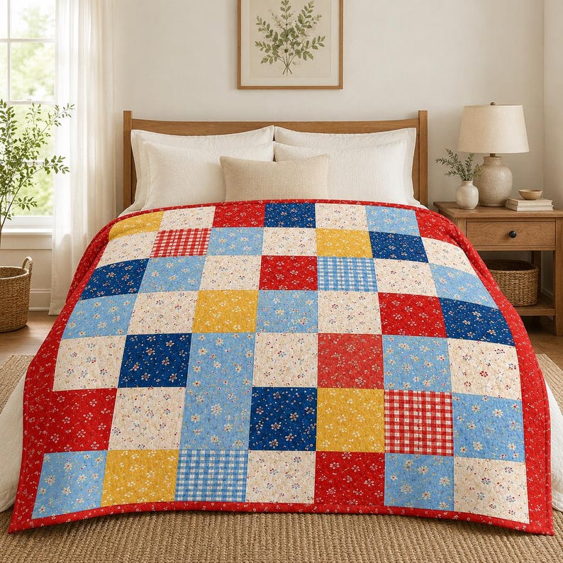 May include: A patchwork quilt featuring a grid of square fabric blocks in red, blue, yellow, and cream. The pattern includes floral prints, small gingham checks, and solid colors. The quilt is draped over a bed with white pillows and a wooden headboard.