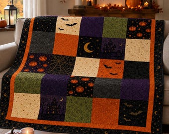 Wzór na kołdrę na Halloween w formacie PDF, patchworkowa kołdra 60x60, wzór na kwadratową kołdrę dla początkujących, cyfrowe pobieranie materiałów do szycia „Spooky Fall”