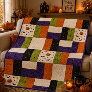 Patrón de colcha de Halloween en PDF, colcha de patchwork fácil, colcha de calabaza, murciélago y telaraña, patrón de costura de otoño ideal para principiantes, descarga digital en PDF.