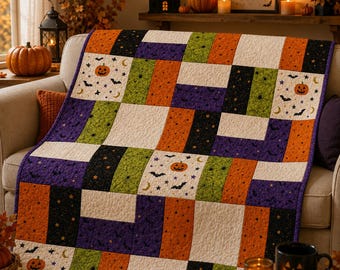 Wzór na kołdrę na Halloween w formacie PDF, łatwa patchworkowa kołdra, dyniowy nietoperz z pajęczą siecią, łatwy dla początkujących jesienny wzór do szycia, cyfrowe pobieranie pliku PDF