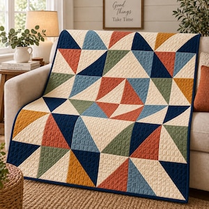 Patrón de acolchado moderno de mosaico HST en PDF, acolchado de triángulos de medio cuadrado de 48x48, patrón de costura digital para principiantes, patrón de costura de acolchado geométrico de patchwork en PDF
